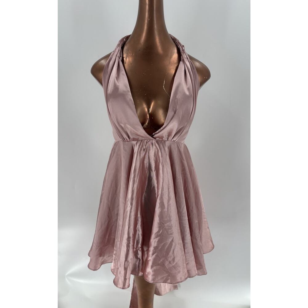 Hebeos Dress Womens 2 Pink Satin Halter Mini Sleeveless Tie Back Fairy Bow Zip